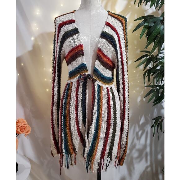 Boston Proper Wool Blend Fringe Stripe Long Cardigan Sweater Womens Size XS Boho - Picture 1 of 11